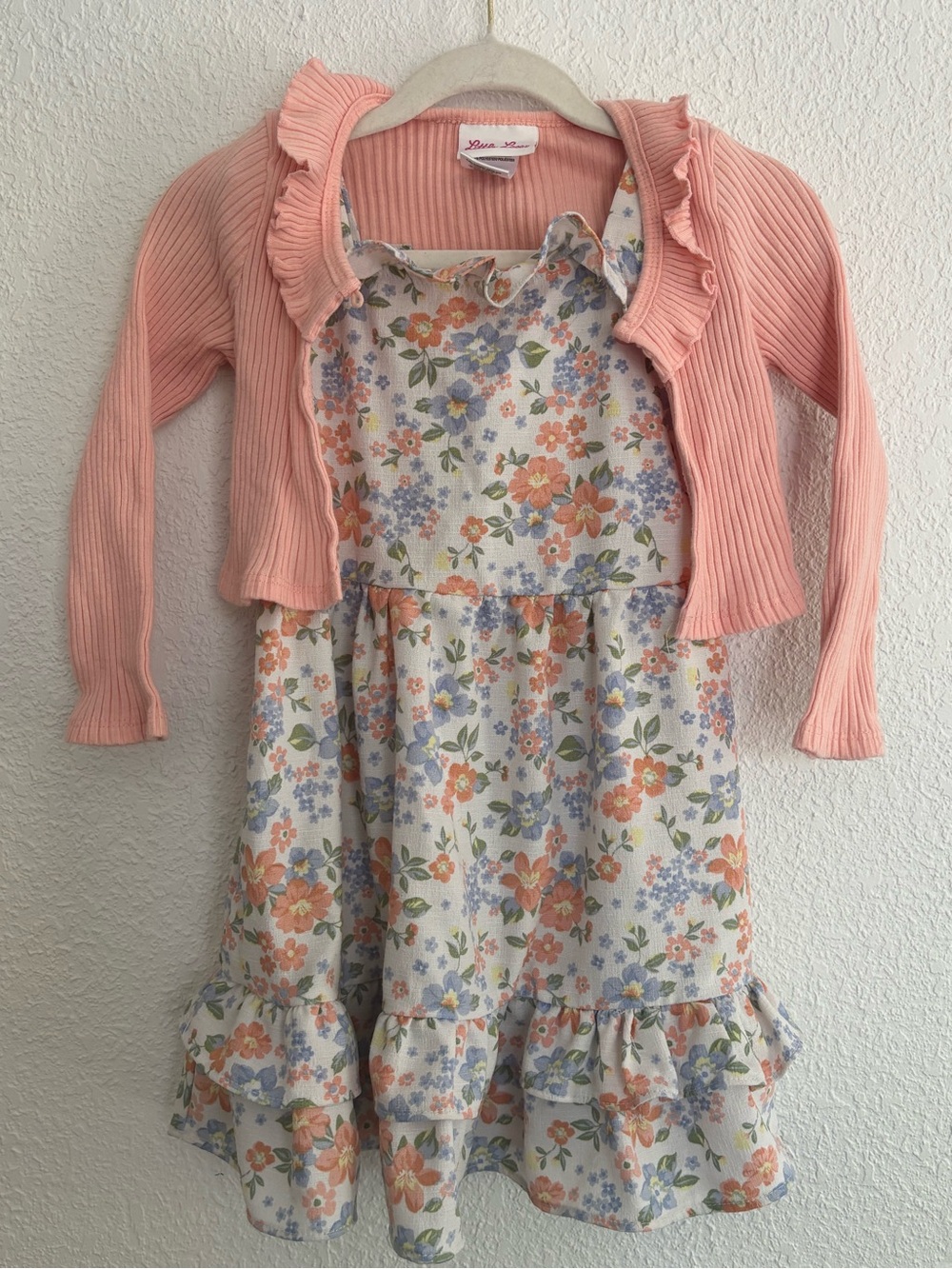Little Lass Peach Cardigan with Floral Sundress